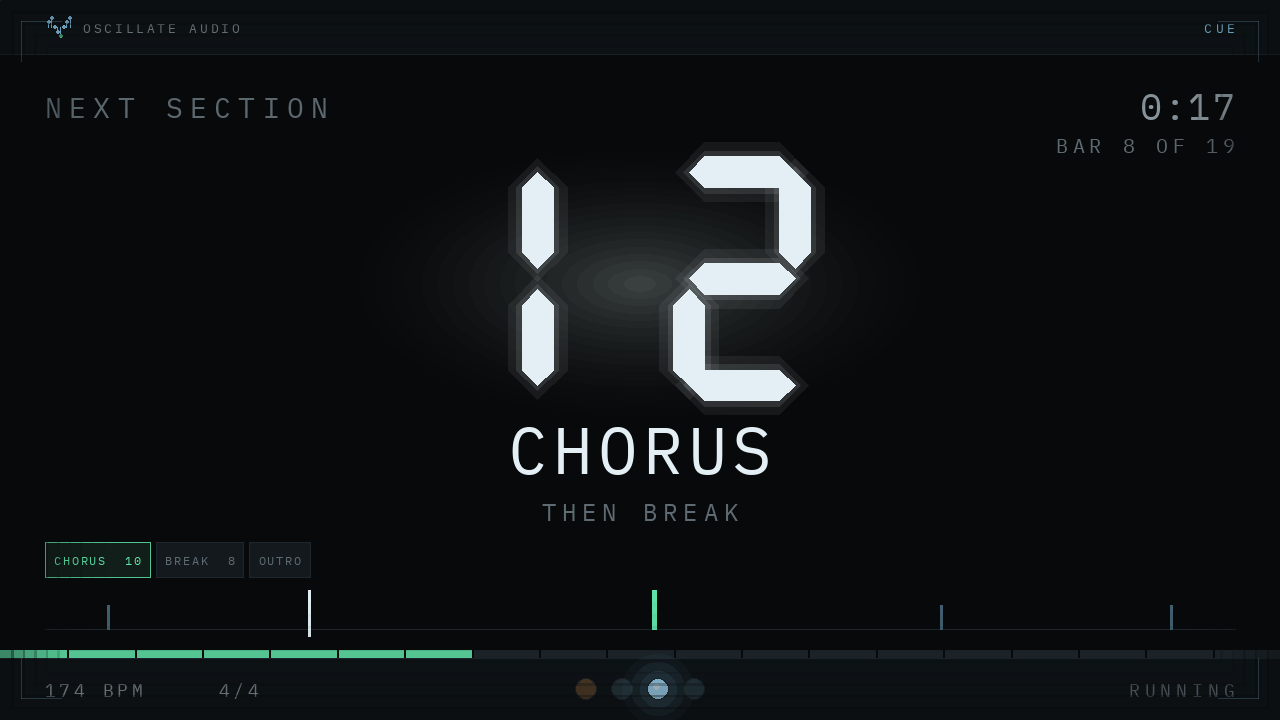 The CUE stage display: bars until the next section