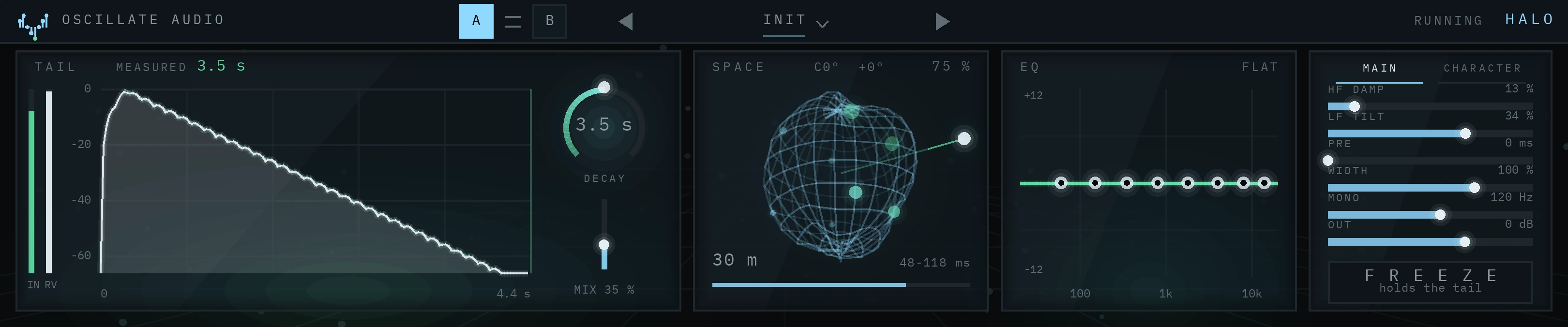 The HALO device: the TAIL level writer with the decay ring, the SPACE morph body, the eight-band EQ, and the strip with six sliders and the freeze button.
